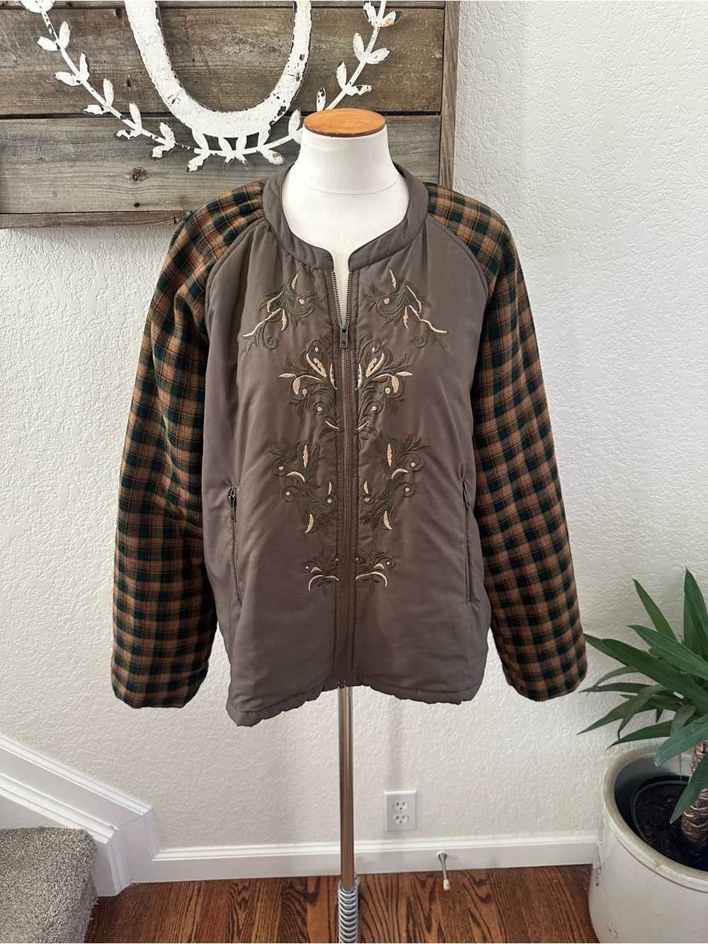 Sundance Catalog Women's Brown Embroidered Puffer Jacket with Plaid Sleeves XL